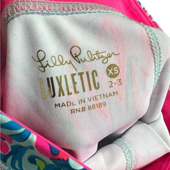 Lilly Pulitzer Luxletic Mini Weekend Leggings XS Girls Surf Blue Flim Flamin Pri - Picture 3 of 5